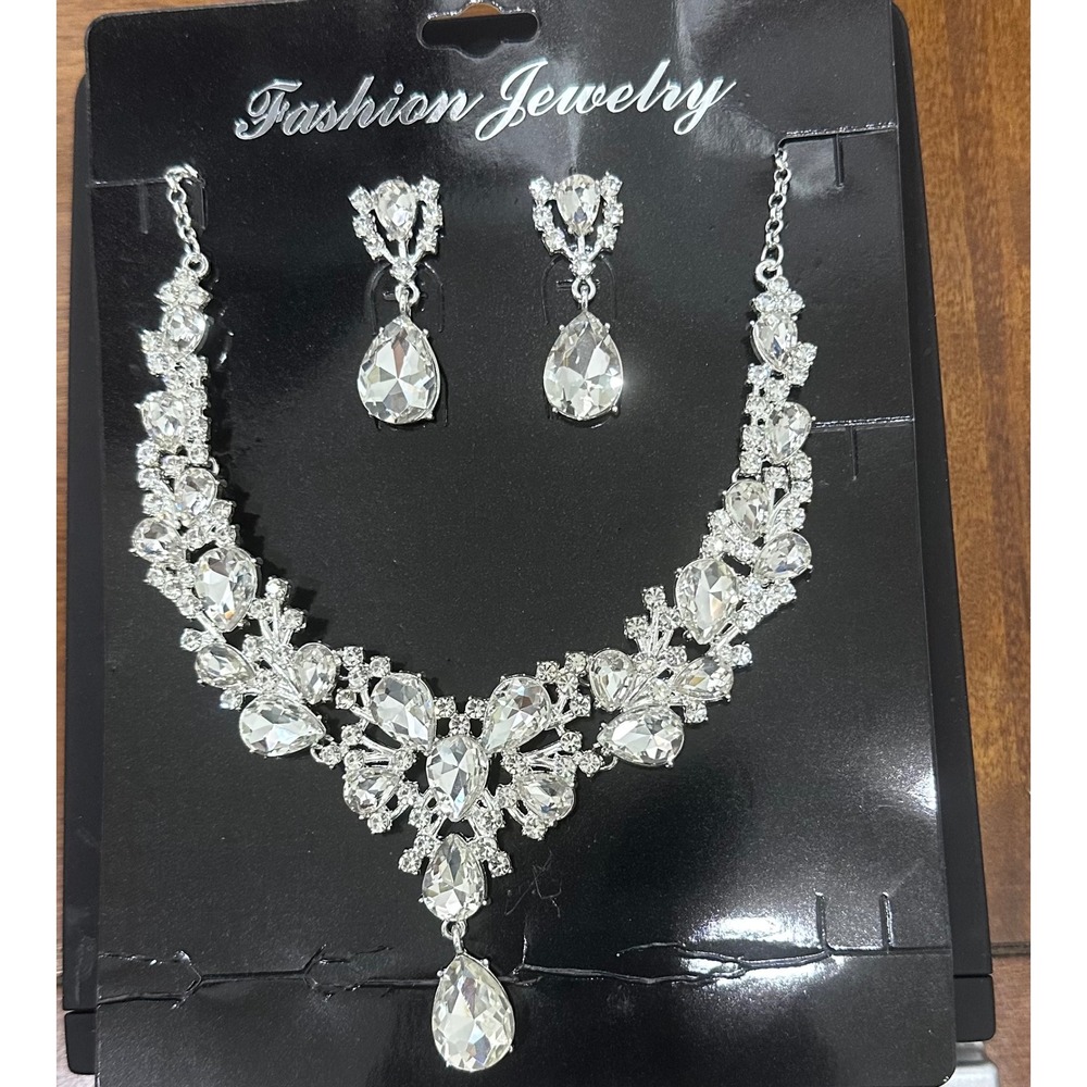 Fashion Jewelry Silver Tone Crystal Statement Necklace Earring Set Bridal Prom